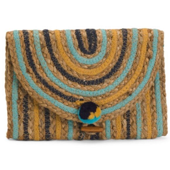 AMERICA & BEYOND Sunset Striped Staw Woven Jute Clutch Purse Tan Blue OS NWT - Picture 1 of 12